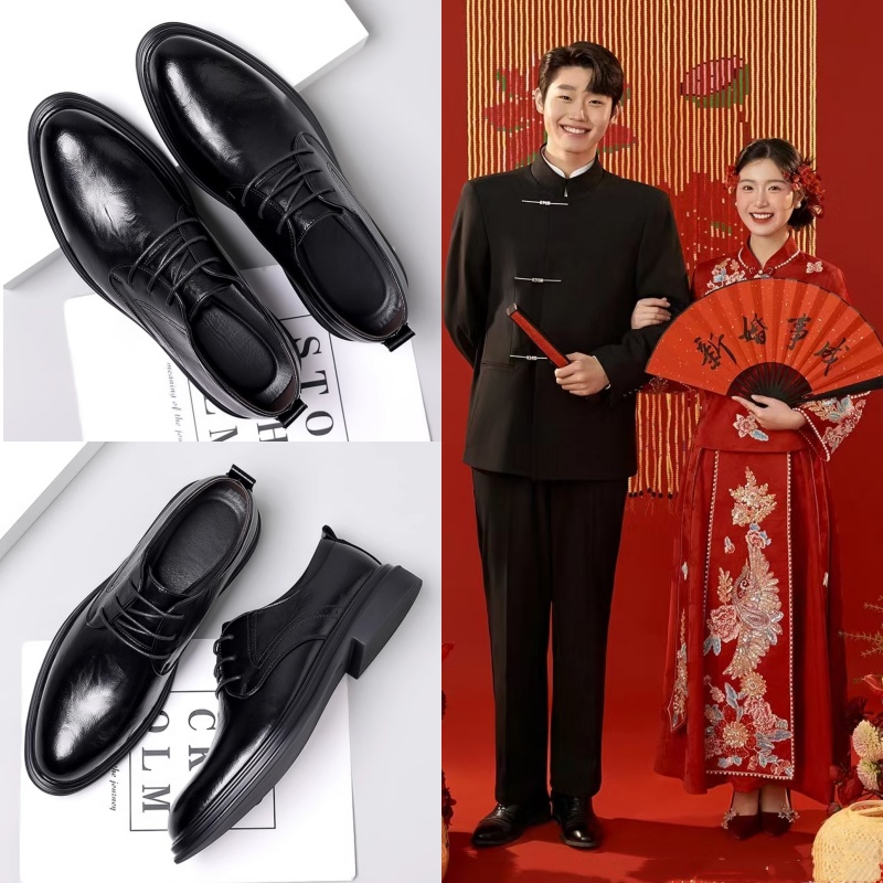 新郎订婚结婚礼男鞋年轻款国风中山装男士皮鞋新中式西服搭配鞋子