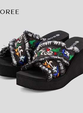 宝人编织凉拖鞋女外穿2025新款夏季沙滩鞋高跟厚底小个子增高拖鞋