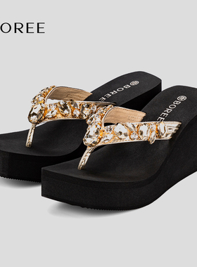 宝人厚底坡跟人字拖女夏季高级感水钻夹脚拖鞋外穿防滑增高凉拖鞋