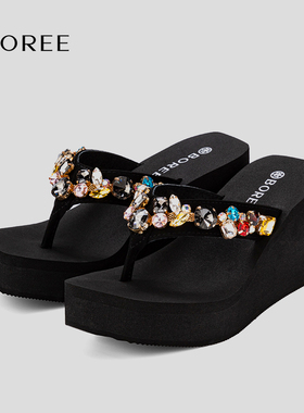 宝人高跟水钻人字拖女2025新款夏季海边度假坡跟外穿夹脚沙滩凉拖