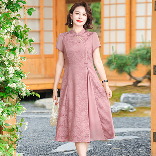 中老年人高档连衣裙贵夫人2026新款妈妈弹力印花气质漂亮显瘦裙子