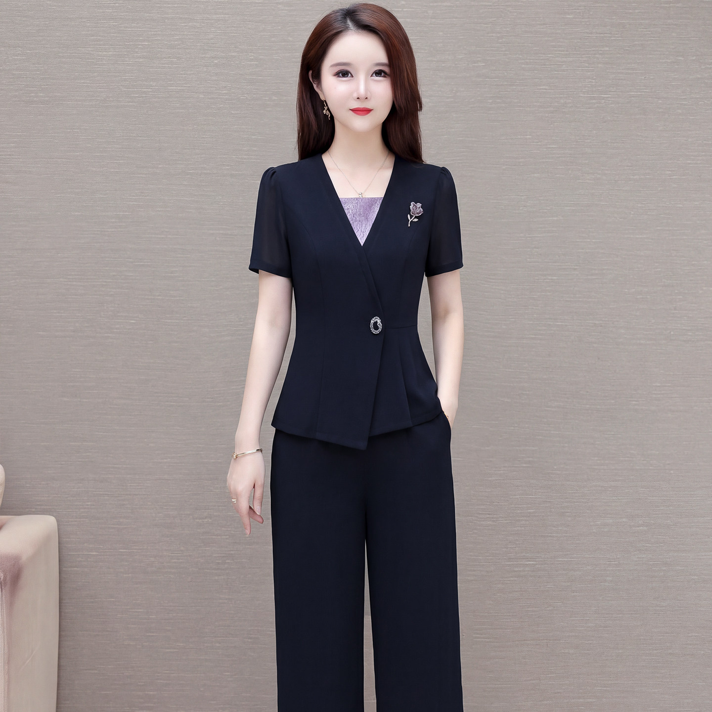 气质妈妈夏装新中式西装套装中老年女收腰短袖中年洋气显瘦两件套