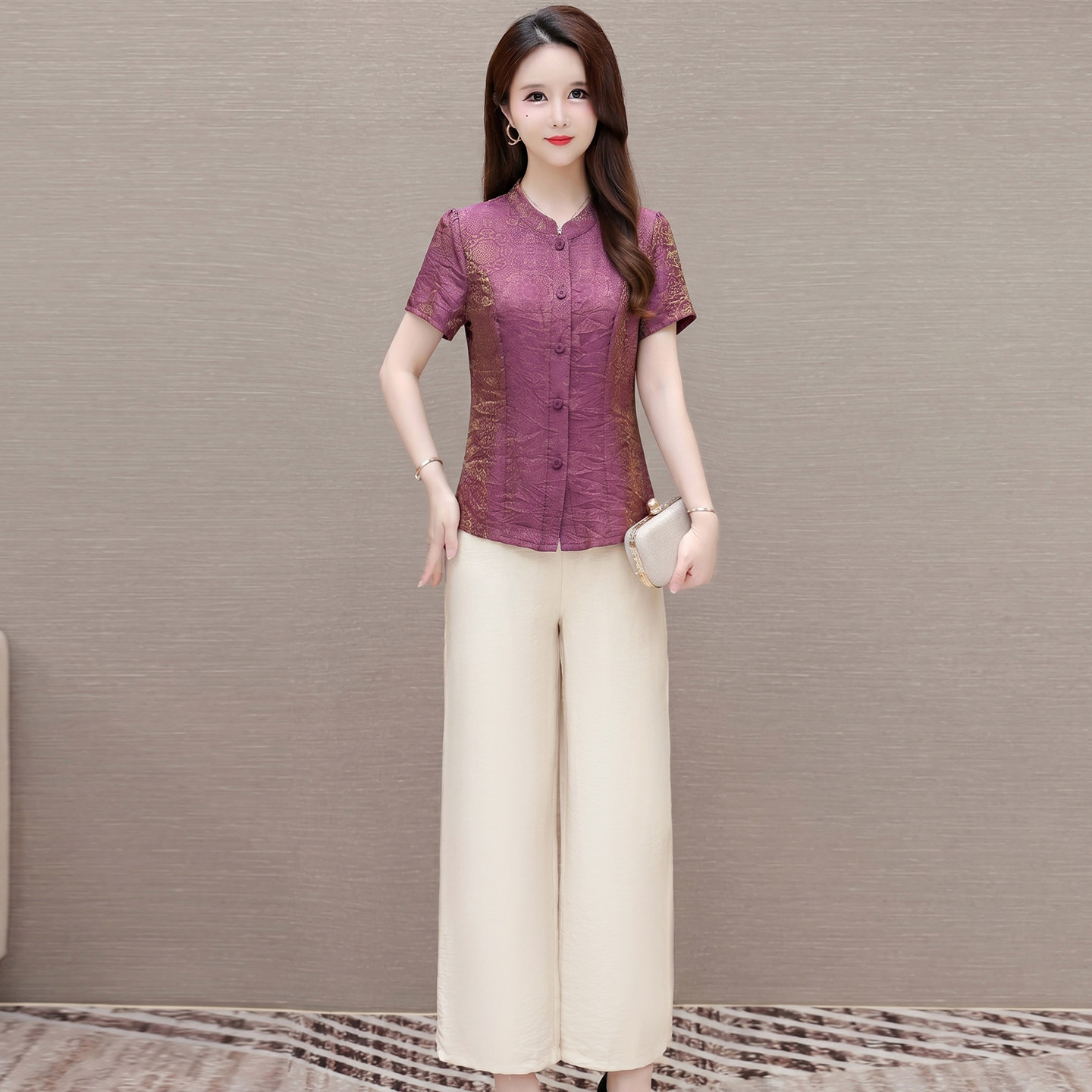 中式气质妈妈装套装女2026夏新款女士修身显瘦时尚优雅显瘦两件套