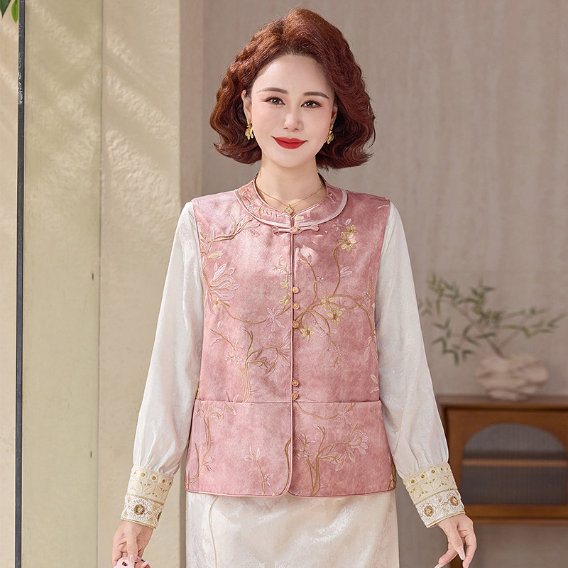 洋气妈妈春装马甲新中式上衣中老年女装春秋国风刺绣无袖背心