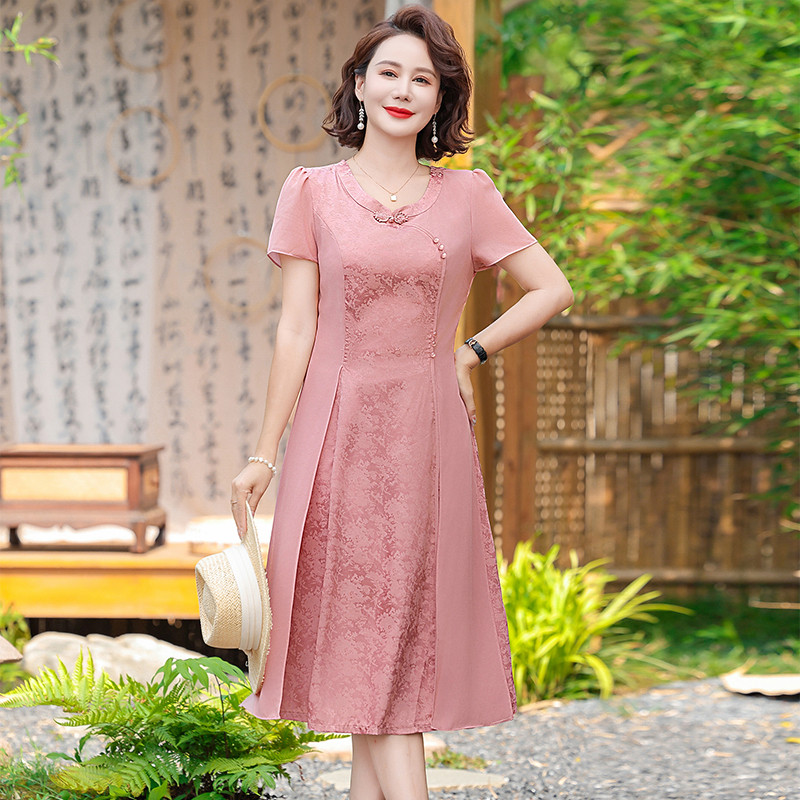 妈妈装夏季改良旗袍裙 中老年女中式盘扣气质中长款连衣裙