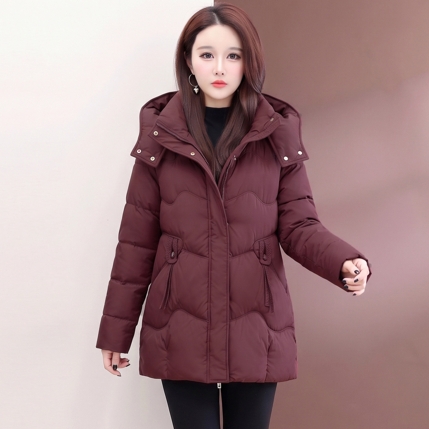 2026新款女士加厚连帽棉服冬季中长款修身显瘦时尚保暖棉袄外套潮