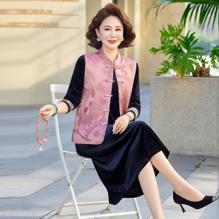 新中式马甲套装连衣裙女2026春秋新款妈妈气质显瘦刺绣两件套裙子