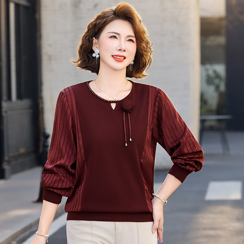 洋气妈妈春装时尚小衫新款中年拼色长袖上衣中老年春季t恤女装