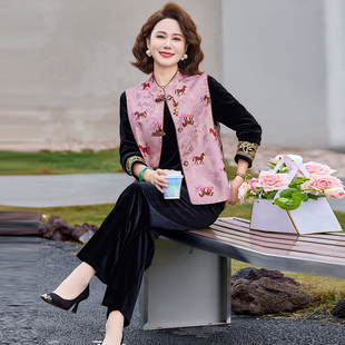 妈妈春装新中式马甲打底衫裤子三件套中老年女春秋金丝绒马甲套装