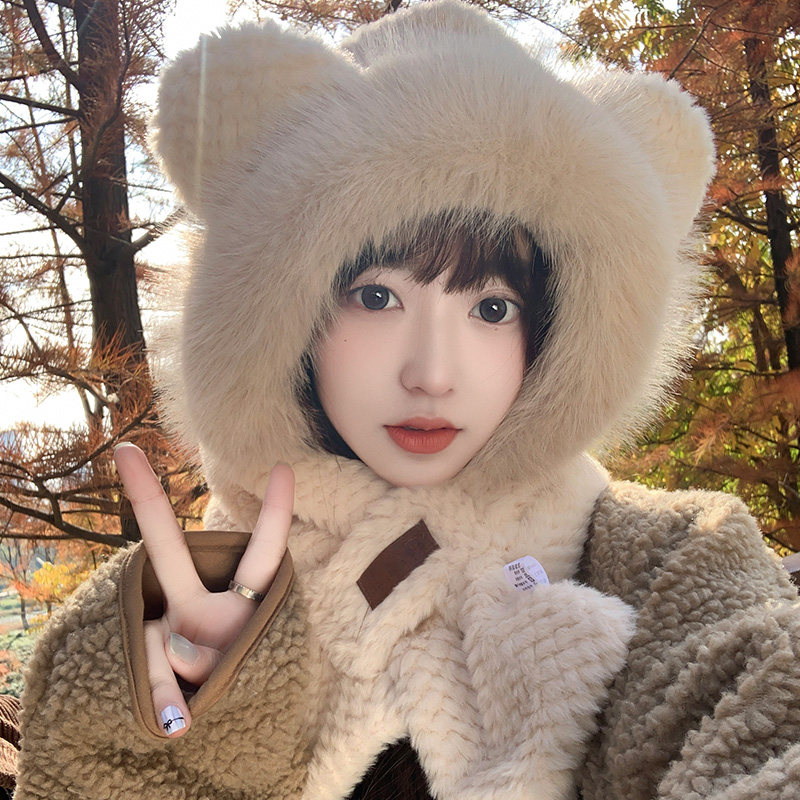 可爱小熊毛绒帽子围巾一体女秋冬季加厚保暖骑行防寒护耳连帽围脖,服饰配件/皮带/帽子/围巾,帽子,淘宝优惠券,粉丝福利购,淘宝优惠卷