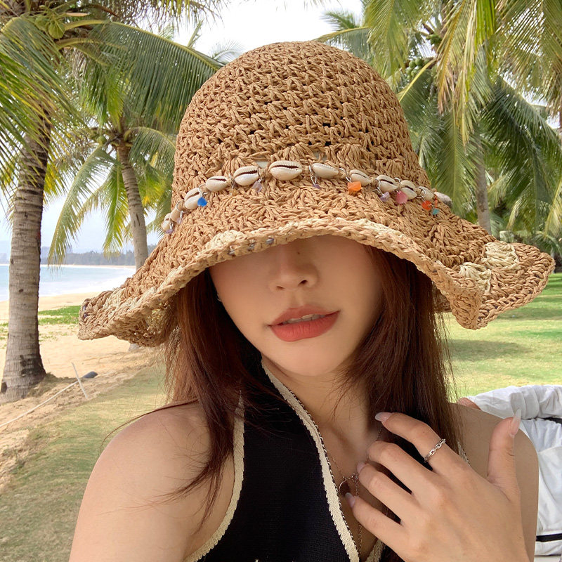 贝壳装饰镂空草帽女夏季透气防晒遮阳帽户外出游沙滩太阳帽渔夫帽