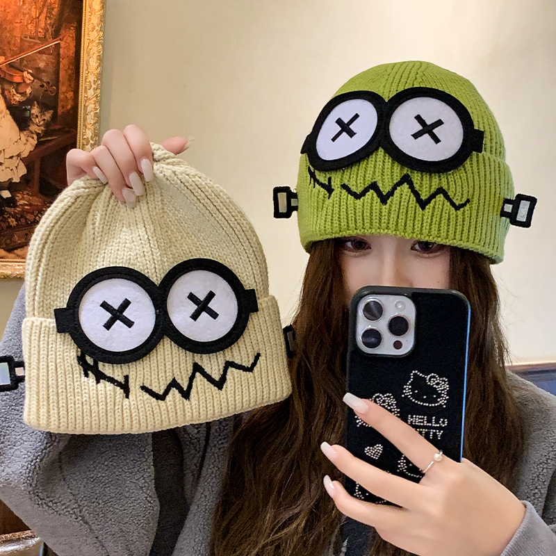 可爱搞怪针织毛线帽女秋冬季保暖卡通冷帽防寒护耳学生情侣包头帽
