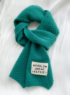 绿色韩版布标围巾女秋冬季百搭针织毛线学生加厚保暖围脖潮男外搭