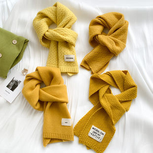 柠檬黄色针织围巾女秋冬季 日系百搭加厚保暖学生情侣毛线围脖 韩版