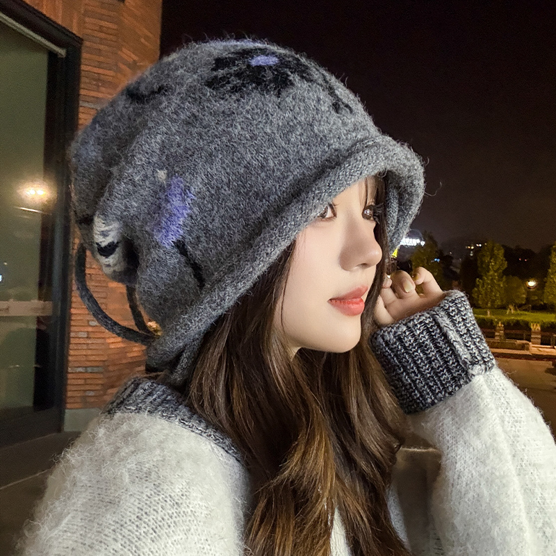 两用双肩包羊毛堆堆帽子女2024新款保暖百搭显脸小针织毛线冷帽男