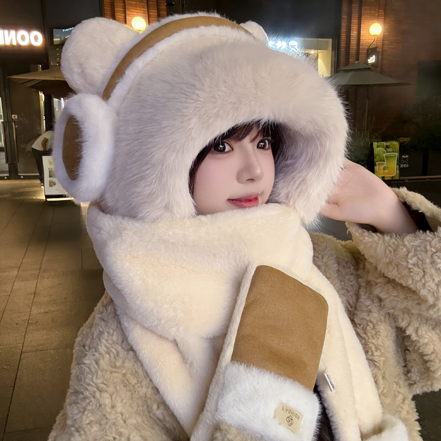 UG风可爱耳机毛绒小熊帽子围巾手套一体女冬季加厚保暖骑车防寒帽