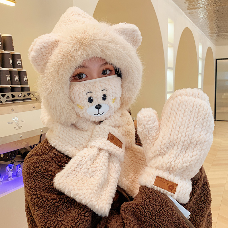 狐狸毛圈帽子围巾一体女秋冬季