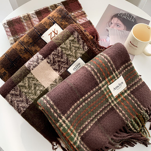 高级感美拉德仿羊绒格子围巾女冬季韩版百搭保暖复古咖色披肩围脖
