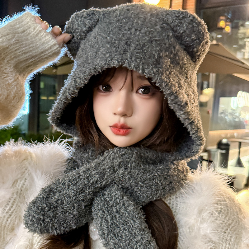 韩版可爱泰迪小熊耳朵帽子围巾一体女冬季加厚保暖骑行护耳帽围脖