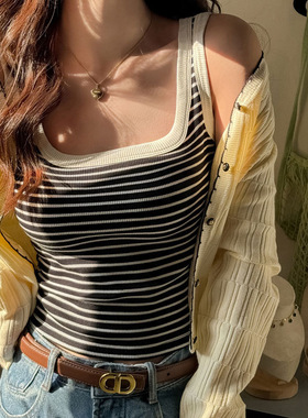 严选条纹撞色吊带打底小背心女春夏季修身内搭遮副乳高级感上衣
