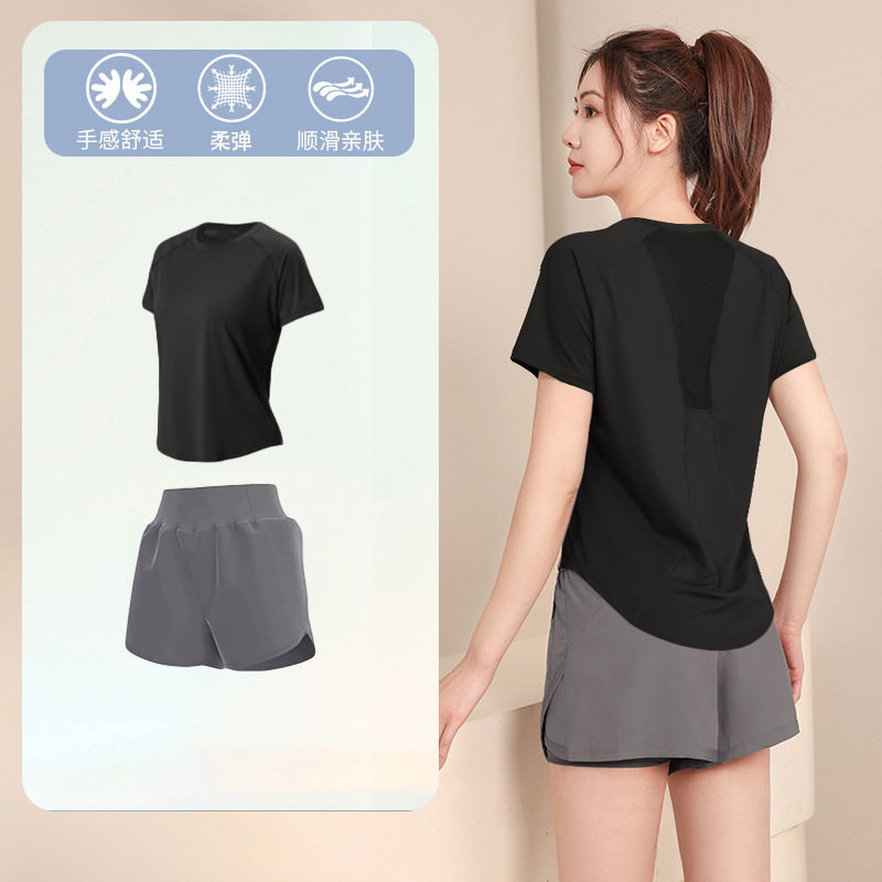 大码运动套装女夏季新款胖MM宽松速干短袖户外晨跑登山暴汗瑜伽服