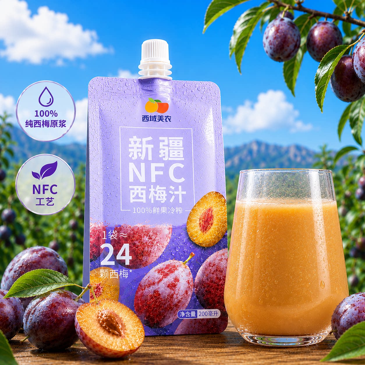 西域美农新疆NFC西梅汁200ml*10袋西梅原浆果汁饮料饮品