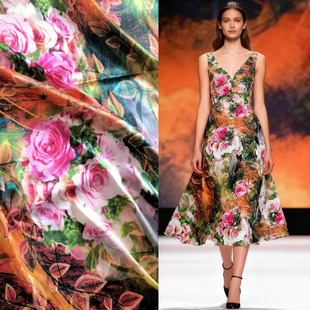 红色绸缎布料丝绸裙子中国风旗袍玫瑰弹力真丝素绉缎礼服面料特价