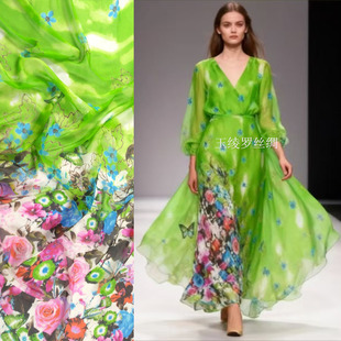 纯真丝绸真丝雪纺面料宽幅100%桑蚕丝布料绿花沙滩连衣长裙防晒服
