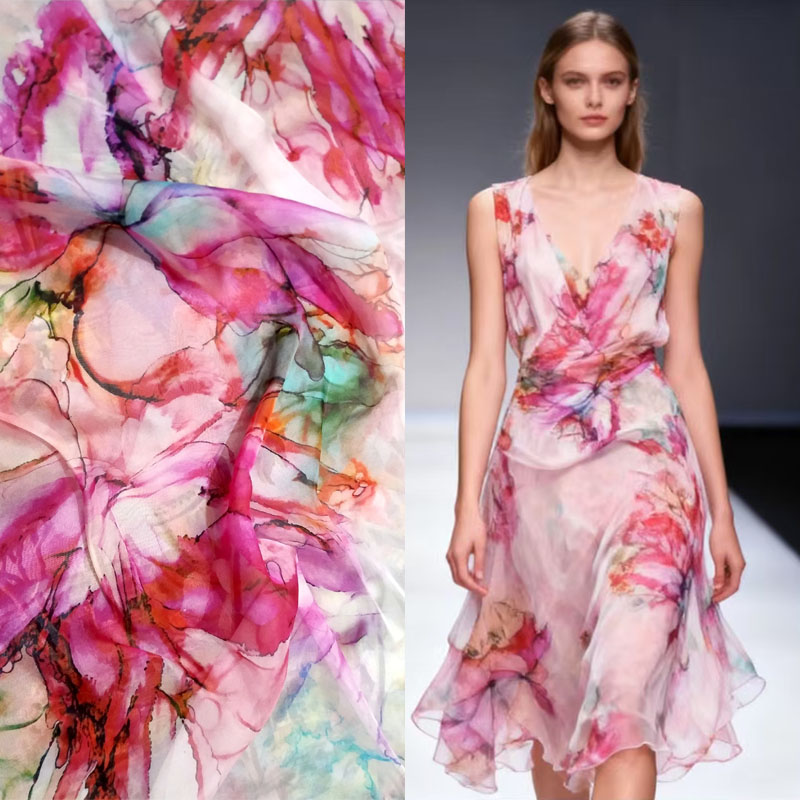 夏季桑蚕丝真丝雪纺面料定制服装裙衬衫大红花连衣裙丝巾宽幅布料