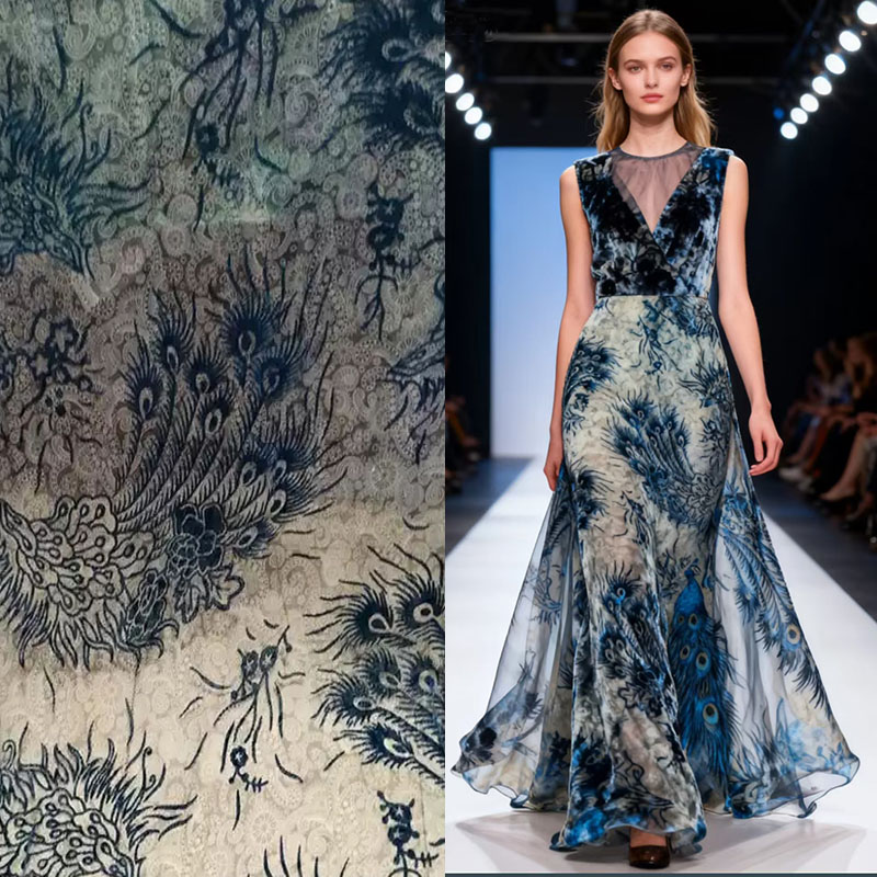 真丝绒面料蓝凤凰印花植绒烂花绒真丝布料天鹅绒金丝绒旗袍l裙布