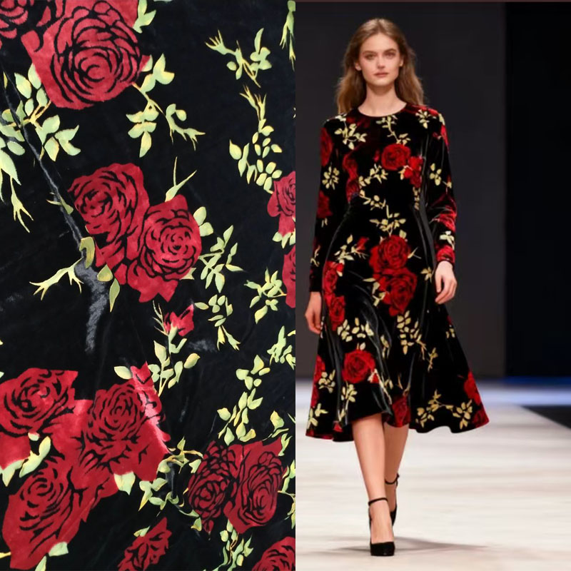 红玫瑰真丝绒面料桑蚕丝绸烂花绒天鹅绒金丝绒旗袍裙布料植绒棉袄