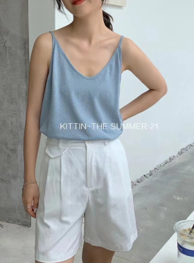 KITTIN 竹节棉U型领背心女外穿内搭宽松细肩吊带遮肉基础蓝色打底
