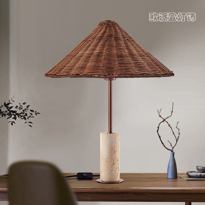 侘寂风洞石台灯卧室客厅书房藤编氛围灯个性餐厅设计师板房地中海