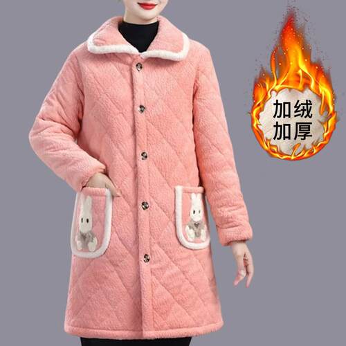 冬季女士新款中长款法兰绒加绒加厚棉袄外套防寒保暖时尚家居服