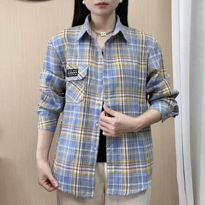 女士长袖格子衬衫春秋新款今年流行时尚纯棉衬衣薄外套中年妈妈装
