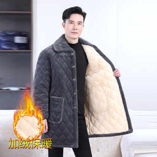 中老年冬季加绒加厚罩衣男士保暖棉衣外套防寒中长款棉服男居家服