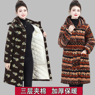 中长款女士冬季加绒加厚连帽省服保暖棉服外套罩衣花棉袄家居服女