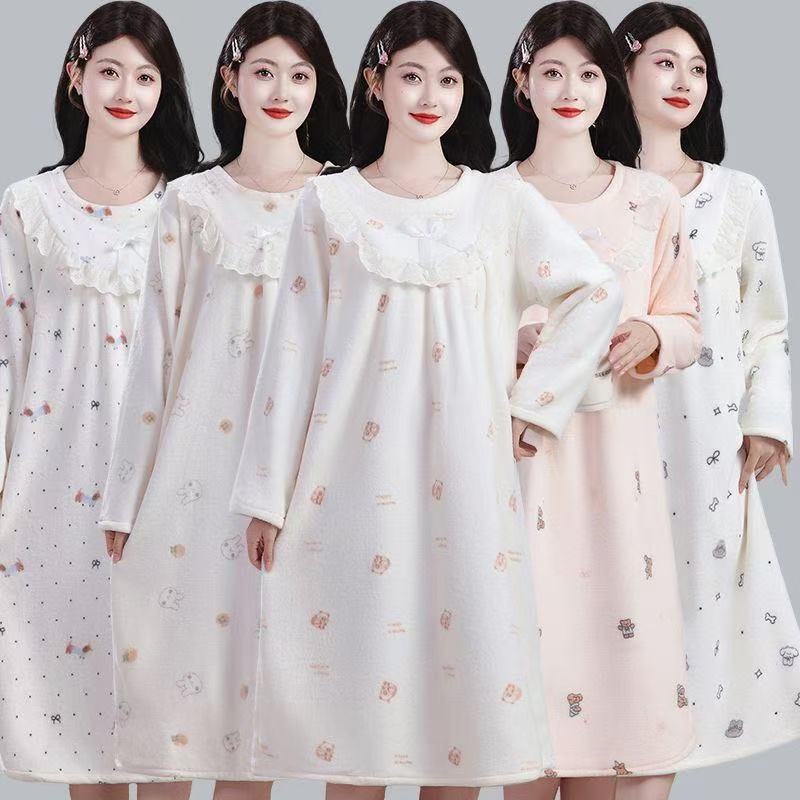 法兰绒睡裙秋冬款加厚韩版宽松公主风睡衣女士可外穿家居服连衣裙