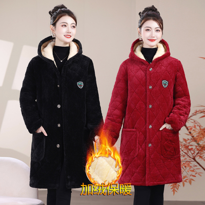 女加绒罩衣家居服中长款防寒外套