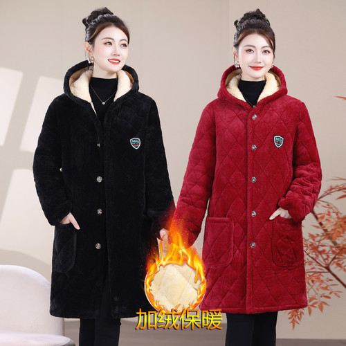 女加绒罩衣家居服中长款防寒外套