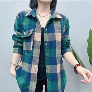 春秋外套女士磨毛妈妈毛呢格子衬衫加厚衬衣宽松长袖纯棉衬衣上衣