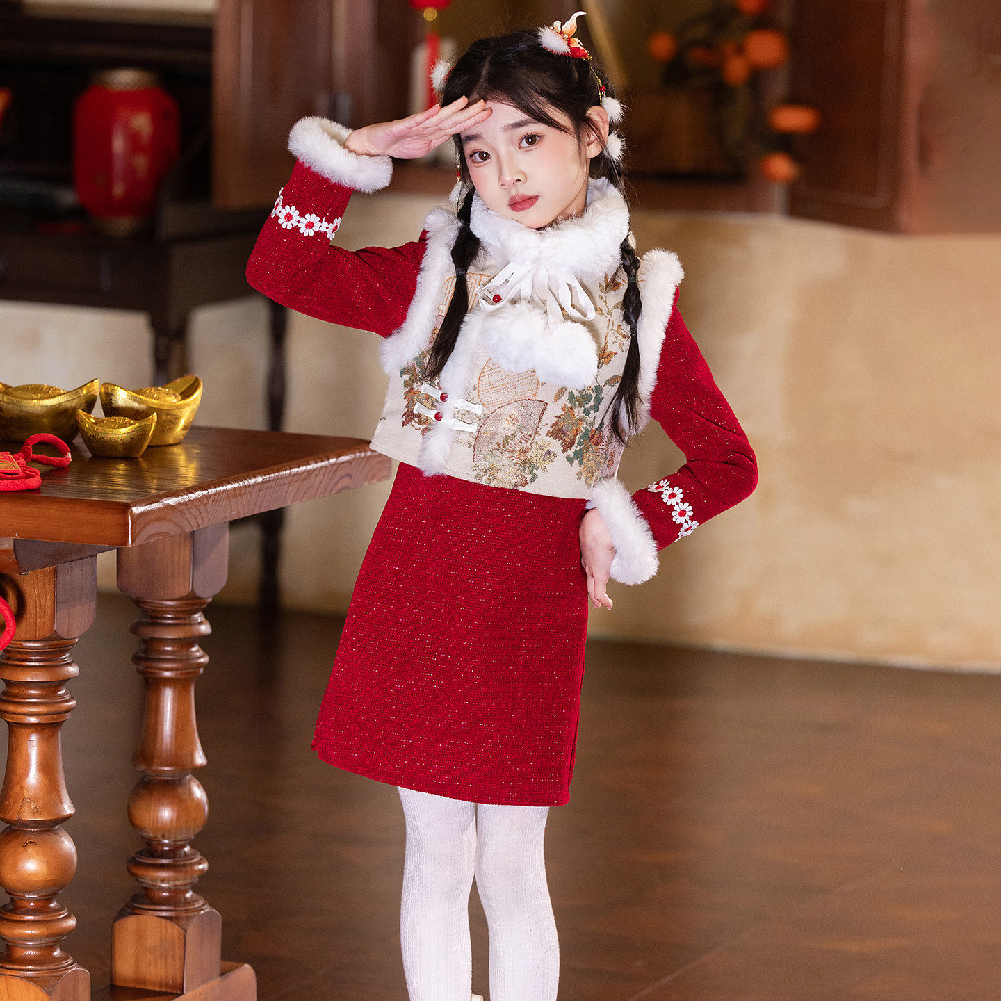 女童中国风刺绣套装连衣裙冬装新年拜年服红色毛领两件套儿童裙子