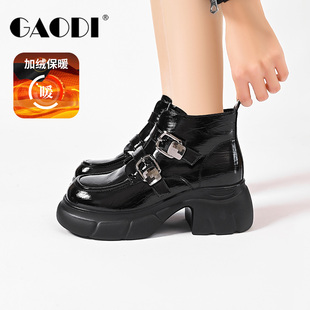高蒂英伦风厚底短靴女2025冬季新款加绒保暖小个子时尚乐福机车靴