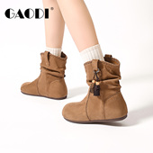 高蒂串珠流苏绒面平底内增高堆堆靴2025新款 套筒单靴女春秋小短靴