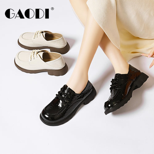 高蒂英伦厚底漆皮系带乐福鞋女