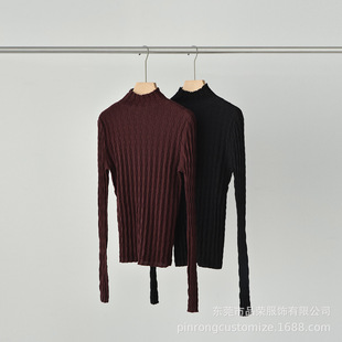 女 60支100%纯羊毛气质半高领软糯坑条高弹针织衫 品荣25秋冬新款