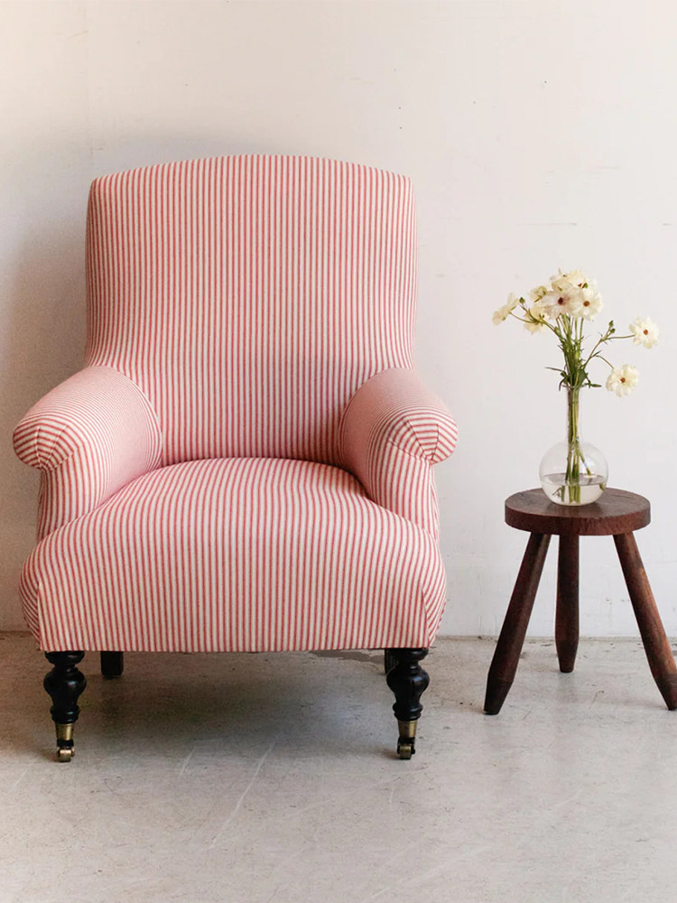 布艺单人沙发椅北欧田园复古棉麻条纹客厅卧室书房阅读高背椅
