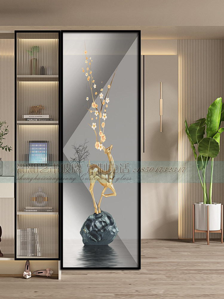 定制入户客厅屏风艺术玻璃简易风玄关隔断背景墙中式梅花鹿桃花鹿
