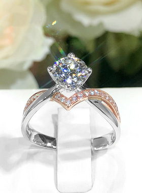 Young创意网红V型皇冠戒指镀pt950玫瑰金分色仿莫桑钻石开口戒子