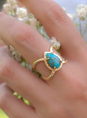 欧美风水滴梨形派对绿松石戒指